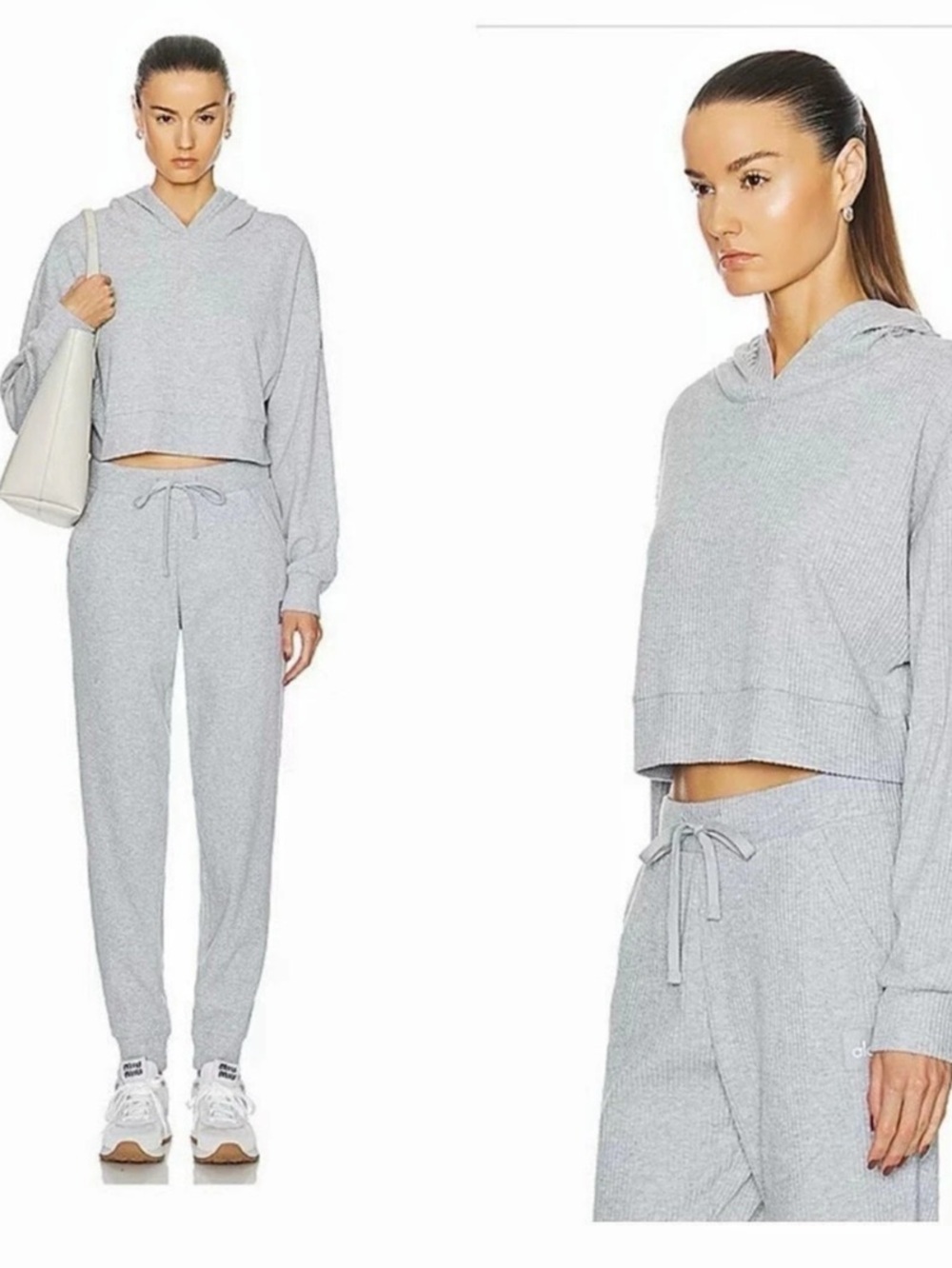 Alo Muse Gray Striped Cropped Hoodie & Joggers Size Small